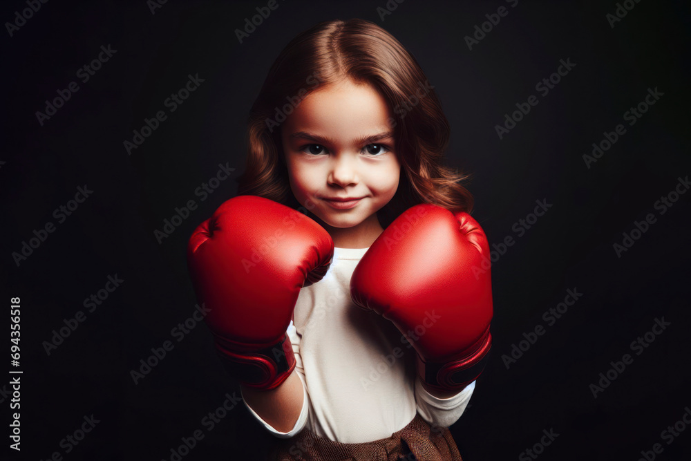 angry kid girl wearing red boxing gloves, confident smiling expression ready for fight. ai generative angry kid girl wearing red boxing gloves, confident smiling expression ready for fight. ai generative