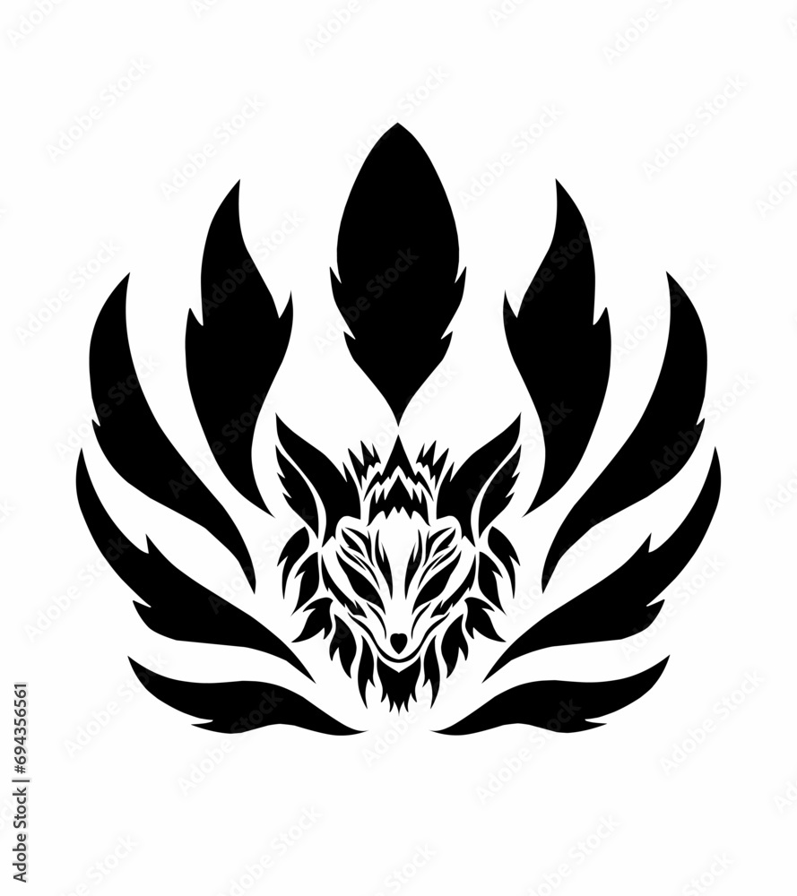 graphic vector illustration of tribal art design of a fox's head surrounded by nine tails