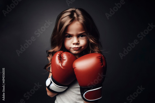 angry kid girl wearing red boxing gloves, confident smiling expression ready for fight. ai generative © Anna