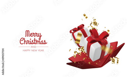 Happy New Year and Merry Christmas. Christmas holiday background with realistic 3d objects,gold and red bauble balls, conical metal stars. Levitation falling design composition.