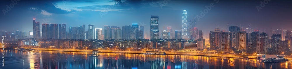 Obraz premium Cityscape at night. Stunning photograph captures futuristic and luxurious essence architecture. City modern skyline adorned with skyscrapers and towers reflects against calm waters of bay