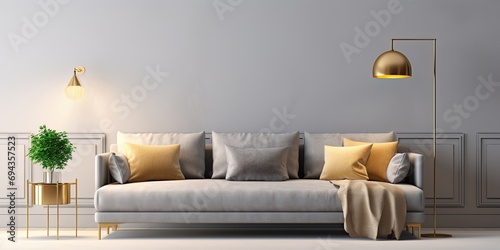 Stylish, mid-century modern living room adorned with gray velvet couch and golden lamp.
