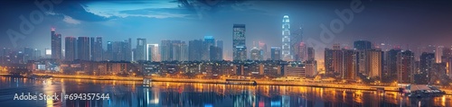 Cityscape at night. Stunning photograph captures futuristic and luxurious essence architecture. City modern skyline adorned with skyscrapers and towers reflects against calm waters of bay