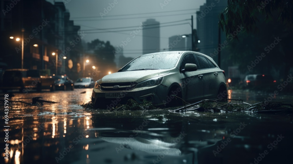 Flooded cars on the street of the city at night 