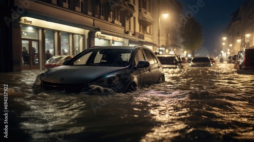 Flooded cars on the street of the city at night 