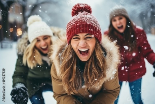 Group of girlfriends enjoying a snowball fight filled with laughter in a winter park, carefree snowy day