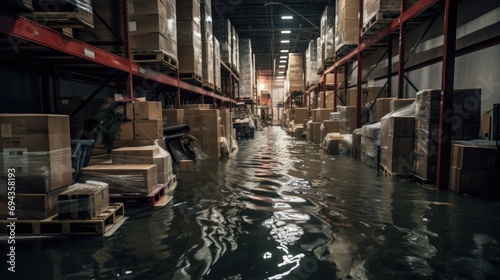 Flooded distribution warehouse with cardboard boxes on the racks 