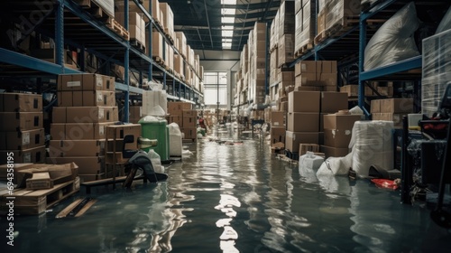 Flooded distribution warehouse with cardboard boxes on the racks 