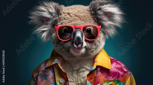 Fluffy koala in sunglasses and colorful shirt 