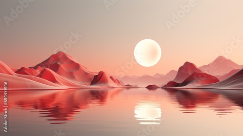 A pink planet with a moon and mountains in the sky with a red tree in the middle AI Generative Pro Photo