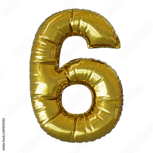 Golden mylar foil balloon of number 6, isolated on transparent background, big size image, high resolution, 3d render 