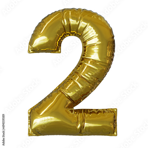 Golden mylar foil balloon of number 2, isolated on transparent background, big size image, high resolution, 3d render 