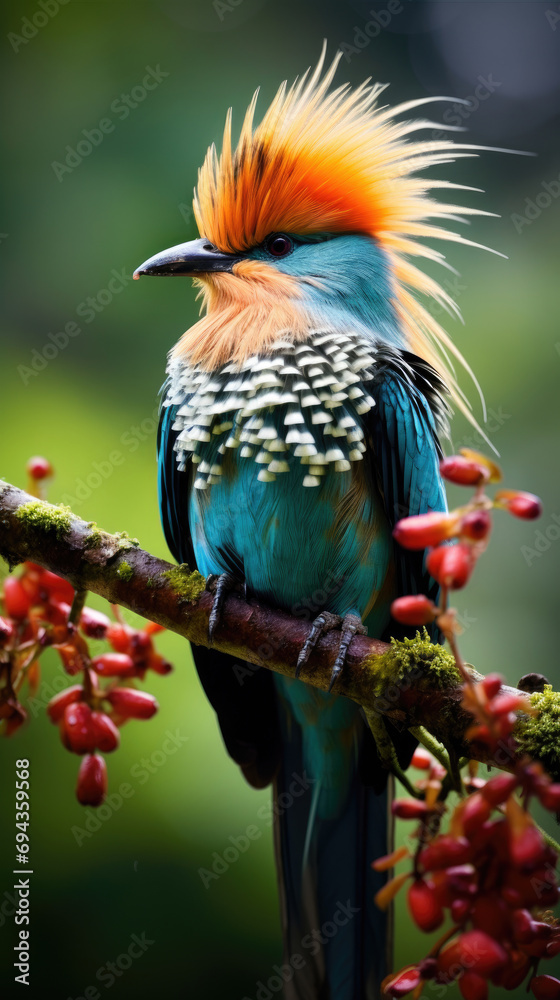 Fototapeta premium Beautiful bird of paradise with colorful colors and beautiful crested feathers in asia