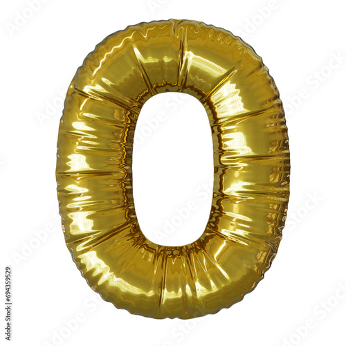 Golden mylar foil balloon of number 0, isolated on transparent background, big size image, high resolution, 3d render 