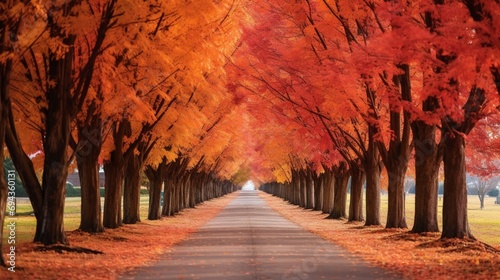 A row of maple trees forming a vibrant canopy over a tranquil lane