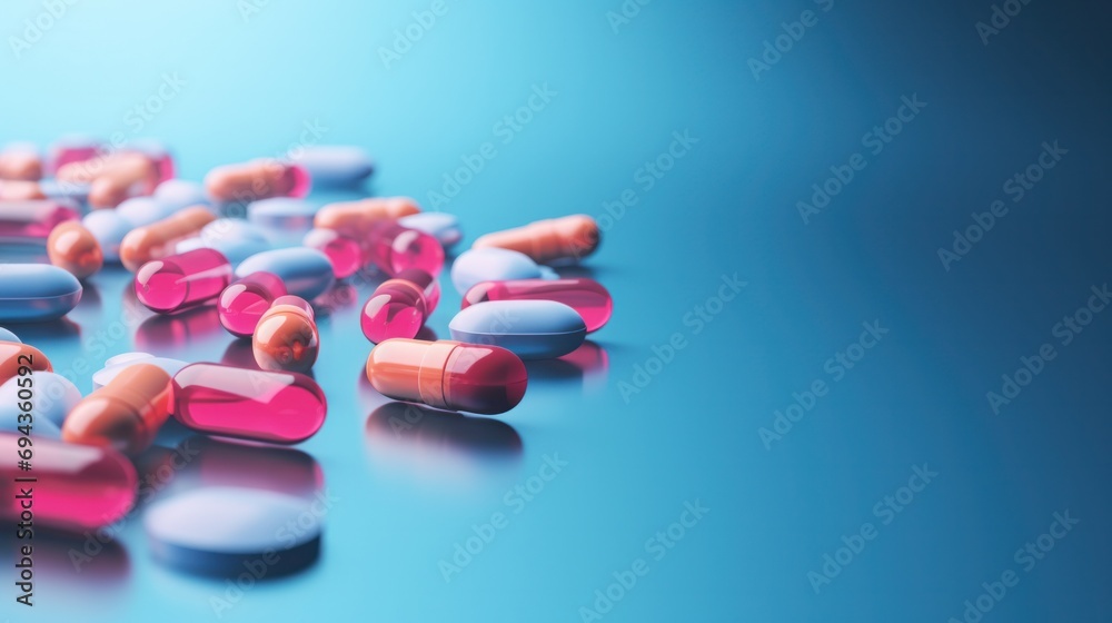 Medicine Pills Arranged on a Calming Blue Background, Evoking a Sense of Wellness and the Promise of Health.