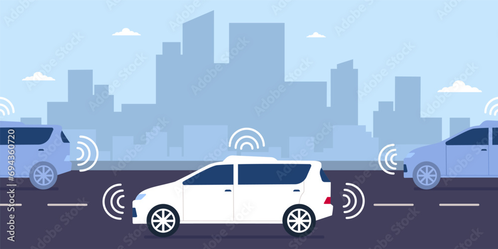 Autonomous car navigating safely with advanced vehicle scanning.Smart modern car self drving on highway.