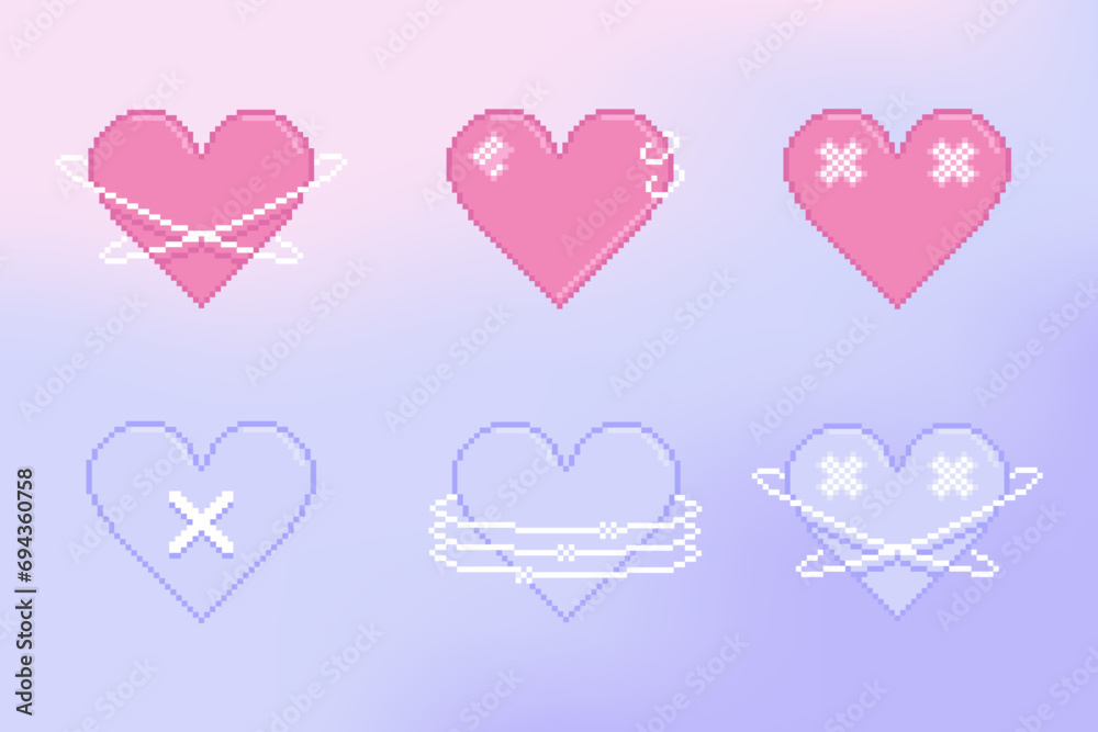 Trendy minimalist y2k style pink and violet pixel heart illustration set with abstract shapes. 