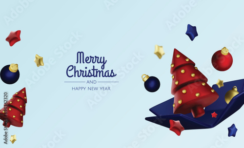 Happy New Year and Merry Christmas. Christmas holiday background with realistic 3d objects,gold and red bauble balls, conical metal stars. Levitation falling design composition.