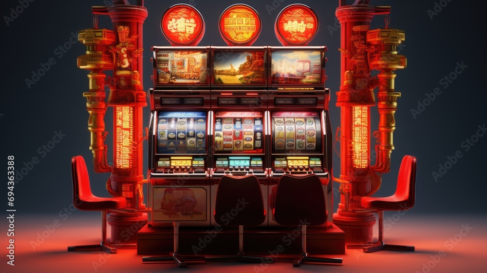 Slot machine in a casino, slot machine hall, lottery bets of victory and defeat, money chips excitement and risk