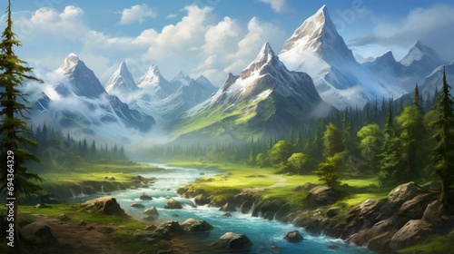 A stunning landscape comes into view, with a majestic mountain range rising in the distance. 