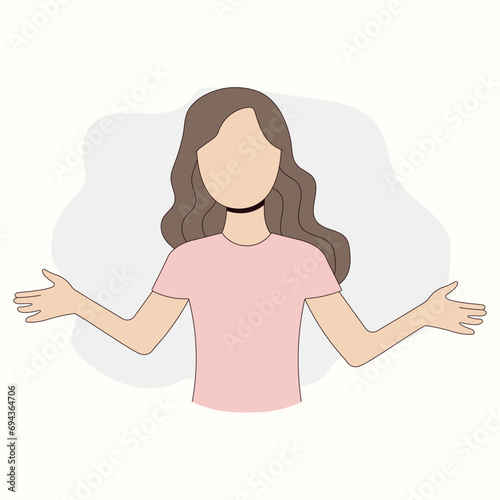 The girl gesticulates, stretches her hands towards her interlocutor. Character illustration.