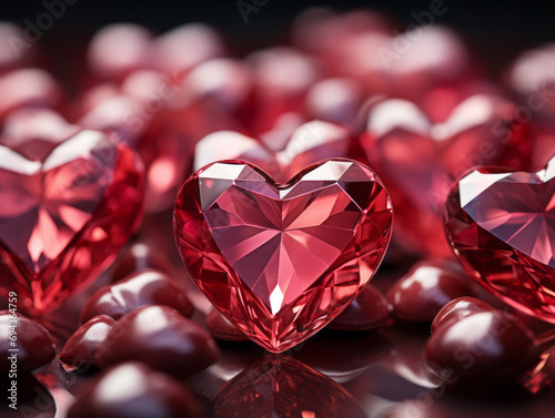 Ruby hearts on a red background photo-realistic