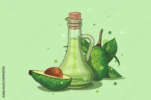 Avocado oil. Drawing of a decanter with oil. Design concept for a fruit and vegetable store. Advertising for an avocado farm. Vector illustration. Avocado poster with leaves