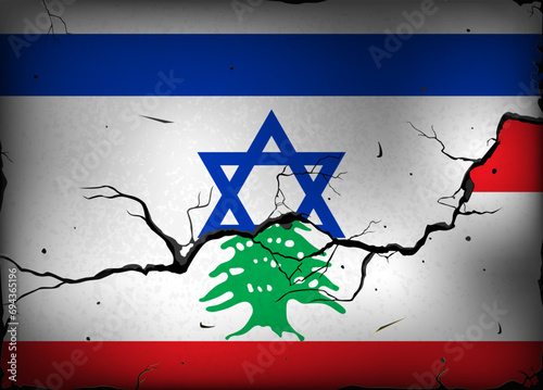 Flags of Israel and Lebanon against the background of a wall with cracks. Crisis and war. Political dialogue. Attack on Israel. Conflict with Palestine