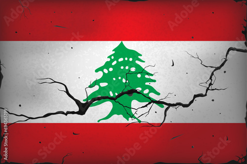A crack in the wall against the background of the Lebanese flag. A crisis in the country, a humanitarian catastrophe. Political negotiations, war, sanctions and economic problems.