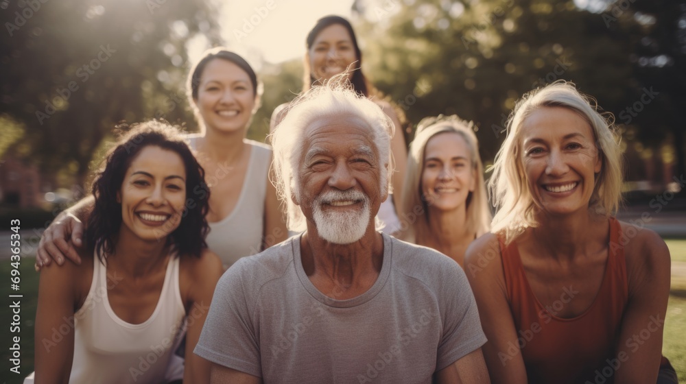 Group of senior friends smiling on camera after yoga lesson at city park