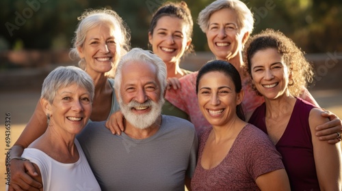 Group of senior friends smiling on camera after yoga lesson at city park