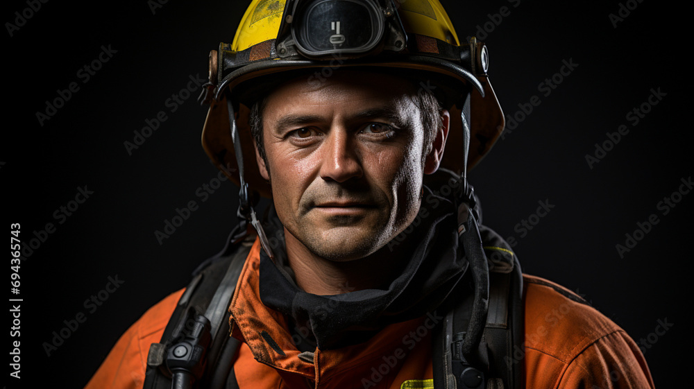 Man in firefighter gear against a neutral-colored backdrop Man in firefighter gear against a neutral-colored backdrop