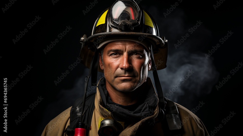 Man in firefighter gear against a neutral-colored backdrop