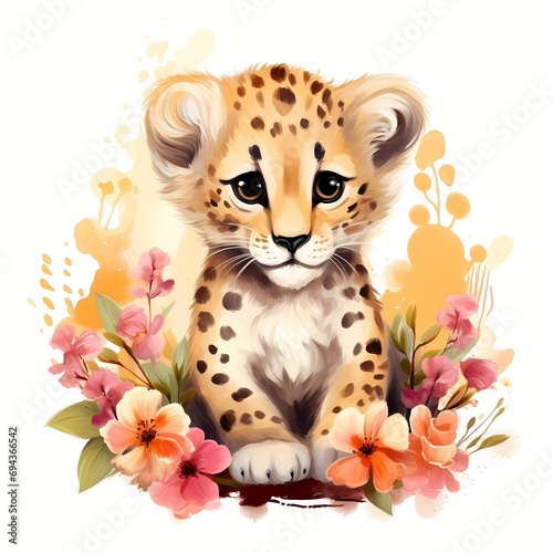 cute leopard with Flower watercolor Illustration 