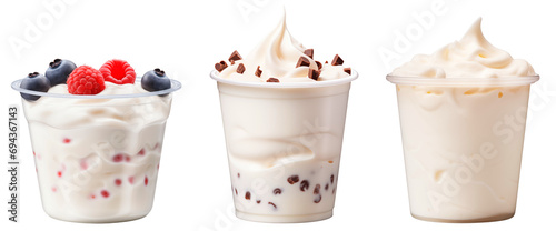 A set of yoghurts in transparent jars. Yogurt with raspberries and blueberries, yogurt with chocolate in a glass, Greek yogurt. Isolated on a transparent background.