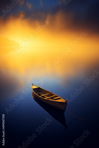 a wooden boat rests near a tree on a lake, in the style of hazy romanticism, light gold and light amber © alex