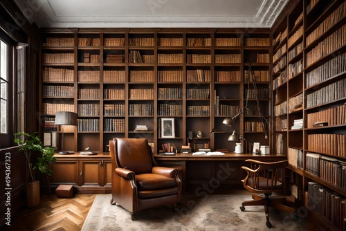 A study room with floor-to-ceiling bookshelves, a large oak desk, and a classic leather armchair. © Banv