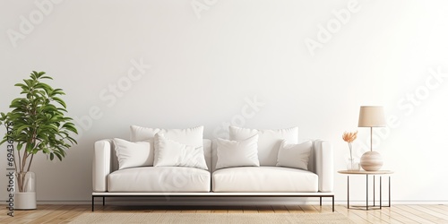 Metal table next to white sofa in bright living room with empty area nearby.