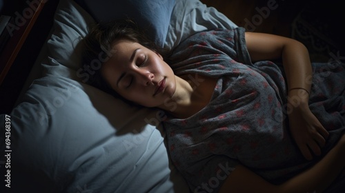 High-angle view of a woman taking a nap in her bed at night
