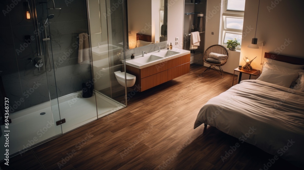 High-angle view of a modern and contemporary badroom in a home High-angle view of a modern and contemporary badroom in a home