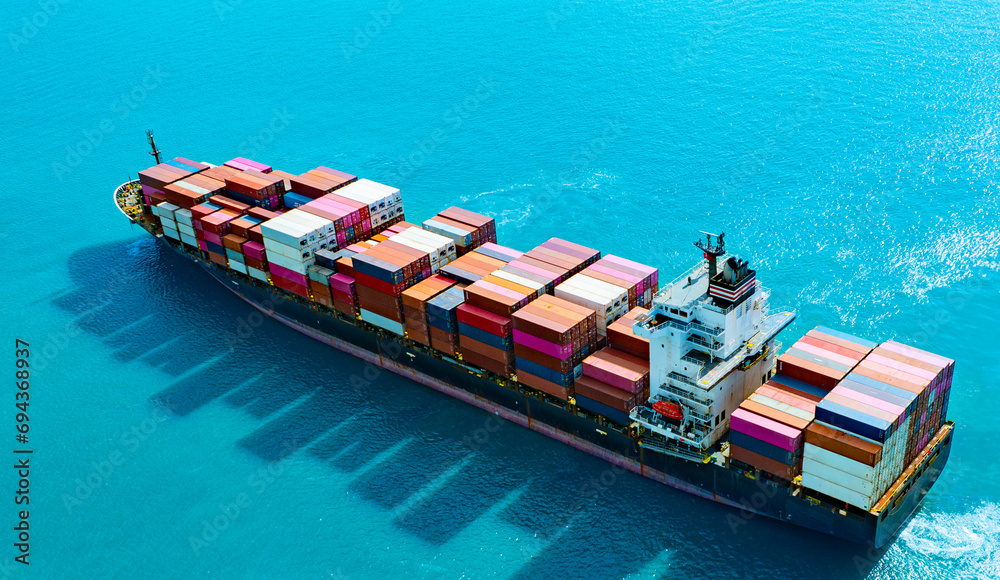 Fototapeta premium Aerial view of the freight shipping transport system cargo ship container. international transportation Export-import business, logistics, transportation industry concepts 