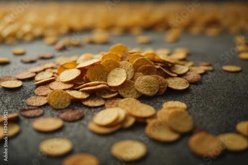 Close-up of small potato chips on a gray background. Fast food  beer snacks concepts.