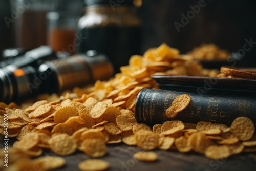 Close-up of small potato chips on a gray background. Fast food, beer snacks concepts.