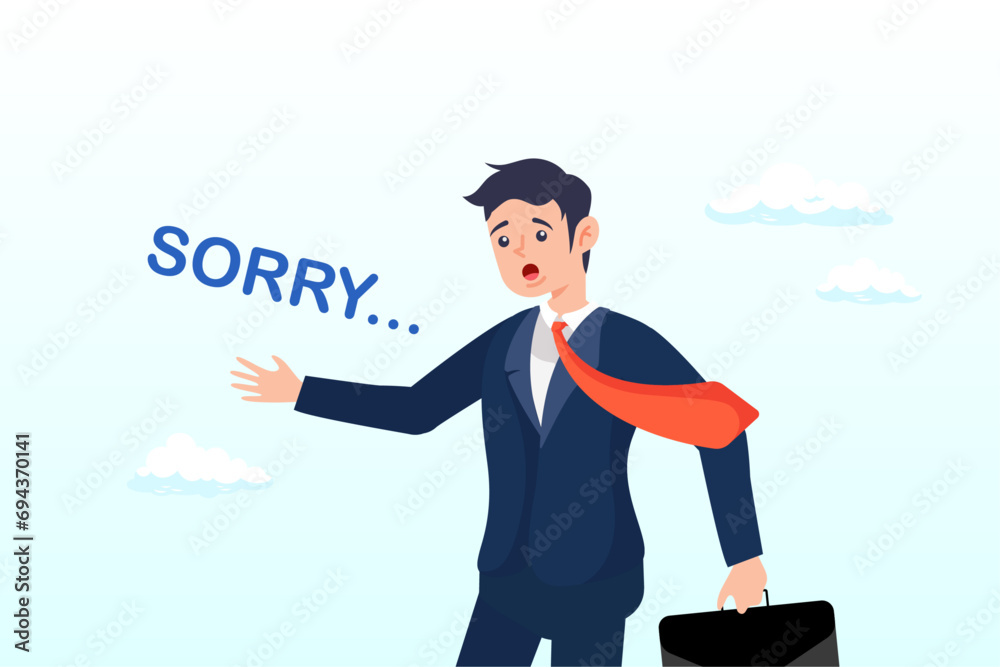Businessman bow down say sorry for apologise, apologise or say sorry, regret for what happen asking for forgiveness, professional or leadership after mistake or failure, pardon or feel sad (Vector) - obrazy, fototapety, plakaty 