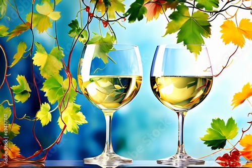 Glasses of white wine surrounded by autumn grapevines on a blue background