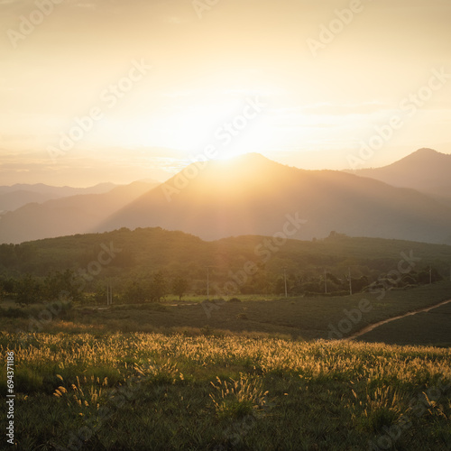 Golden Hour Bliss: Sunset Over Mountains in a Nature-Filled Summer Evening | Horizon View
