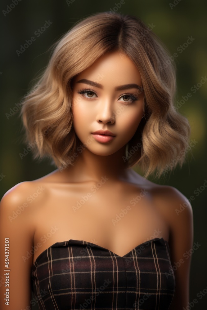 Portrait of a Beautiful Woman in a Plaid Skirt Portrait of a Beautiful Woman in a Plaid Skirt