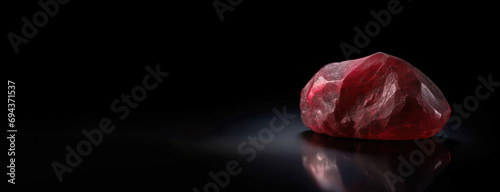 Red beryl is a rare precious natural stone on a black background. AI generated. Header banner mockup with space. photo