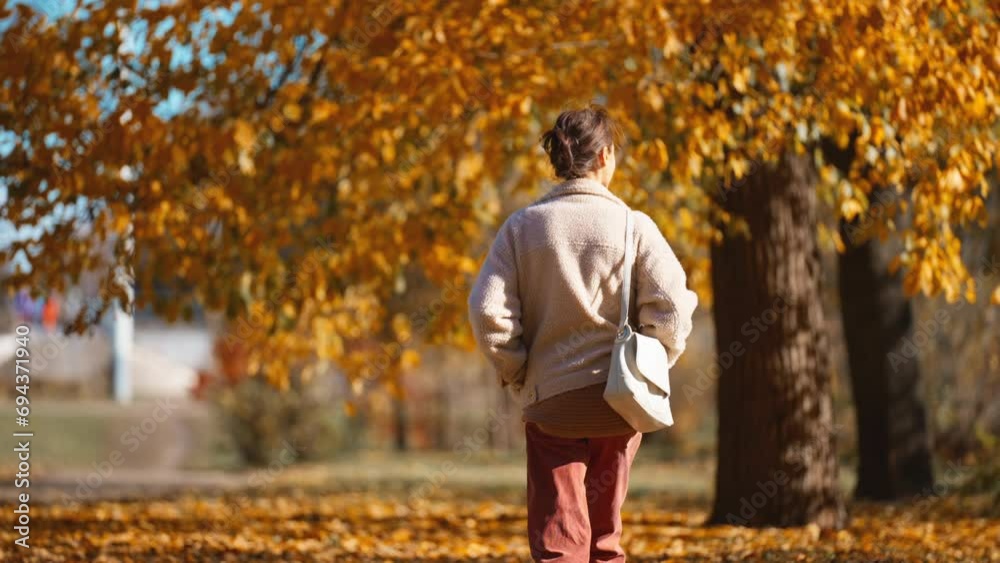 autumn portrait of beautiful stylish woman wearing in brown pants, sweater and cozy bomber jacket walking autumn park outdoors. girl on red and orange leaves background at sunny warm fall season day